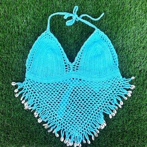 Blue Crochet Halter Tank Top